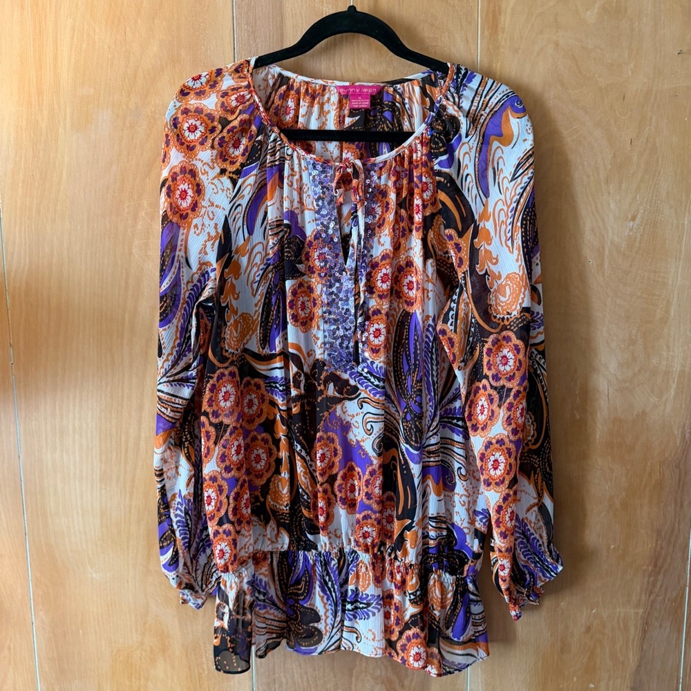 Sunny Leigh Womens XL Paisley Floral Sequin Peasant Blouse Orange Purple Boho